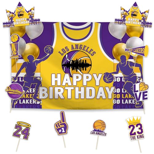Allenjoy Yellow and Purple Basketball Team Birthday Party Supplies Sets - 1pc 59 x 35 Backdrop 2pcs Paper Headwear 8pcs Photo Booth Props