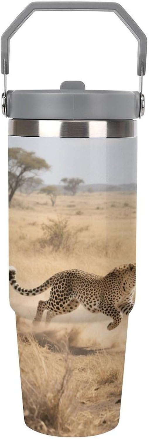 30 Oz Insulated Mug with Handle Lid And Straw Cheetahs Hunting Antelopes Pattern Large Metal Sports Bottle Great for Gifts Parties Office Coffee