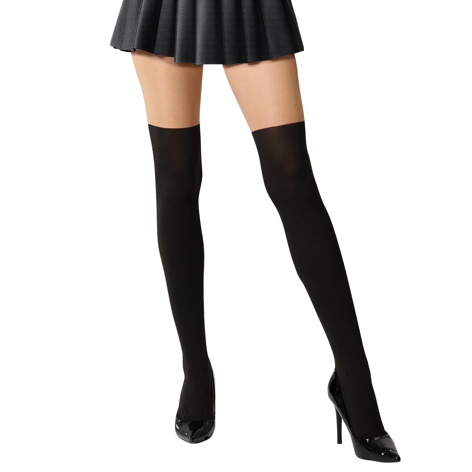 MANZI Mock Hold Ups Tights Plain Thigh High Look Stockings Suspender Natural Tights