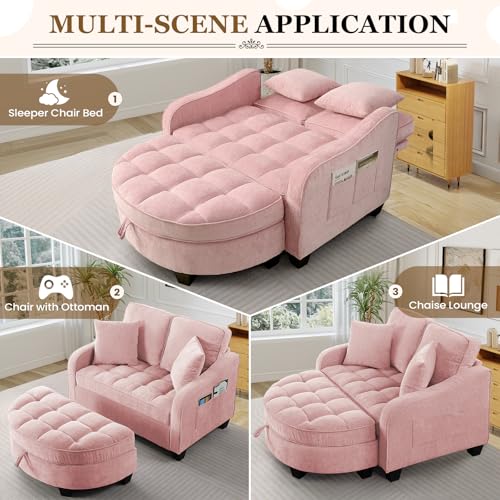 Image of Oversized Chair and A Half, Chenille Tufting Accent Cozy Reading Sofa Chair with Storage Ottoman, Upholstered Loveseat Chaise Lounge Sofa with Adjustable Back for Living Room, Office, Sunroom, Pink