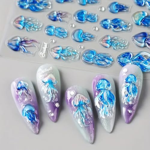 Summer Jellyfish Nail Art Stickers 5D Embossed Jellyfish Nail Decals 1PCS Blue Gradient Marine Life Ocean Theme Summer Nails Design Adhesive Stickers Manicure Supply for Women DIY Nail Art Decorations