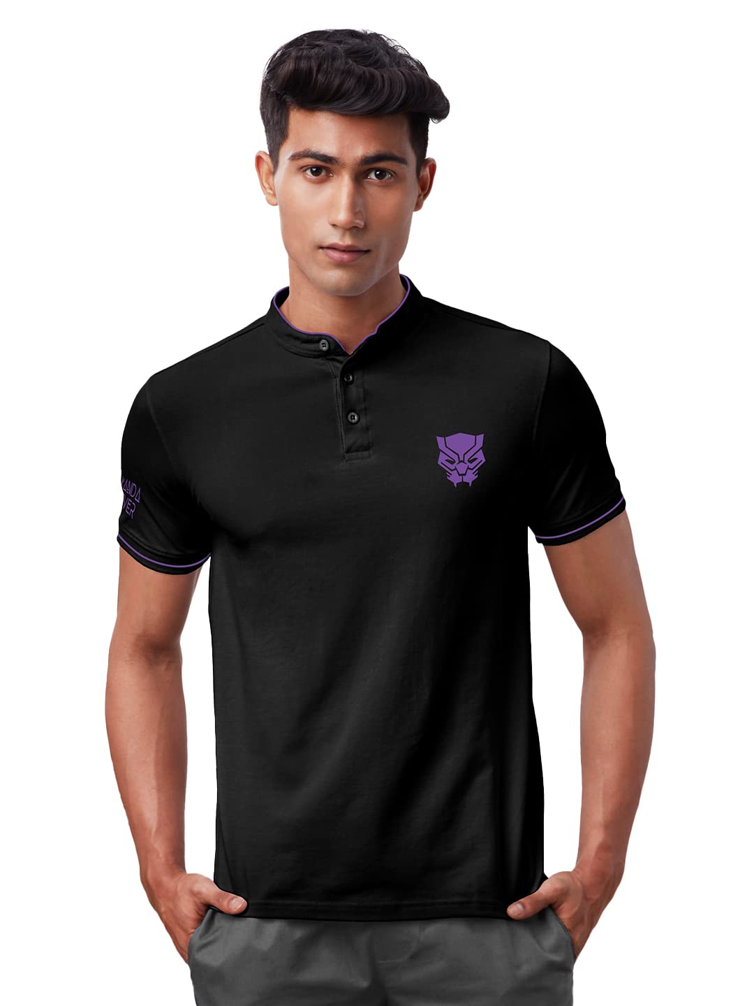 The Souled StoreOfficial Black Panther: Logo Mens and Boys Graphic Printed Cotton Mandarin Polos Black