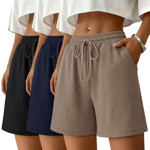 Yearntown 3 Pack Womens Sweat Shorts Ribbed Knit Elastic Waist Loose Fit Drawstring Comfy Lounge Summer Shorts with Pockets(Black Navy Blue Khaki Medium)