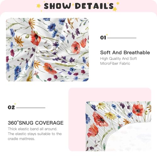 Image of CaTaKu Crib Sheets for Girls & Boys - Wildflowers Poppy Baby Sheets, Neutral Toddler Mini Crib Mattress Sheets Fitted for Nursery Bed, 27 inchx 39 inch