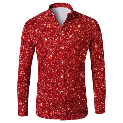 Generisch Camisa con purpurina para hombre, manga larga, con lentejuelas, estampada, discoteca, hippie, fiesta, camisa brillante de los años 70 y 80, disfraz de carnaval, camisa para hombre, camisa de