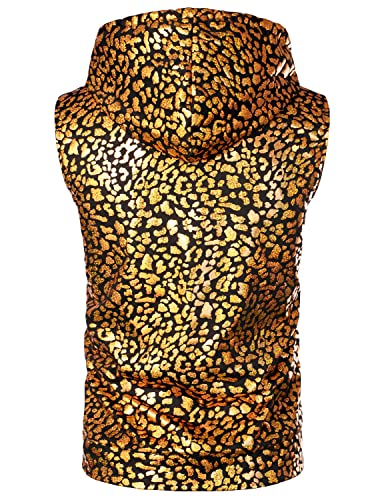 Image of ZEROYAA Mens 70s Metallic Sleeveless Hooded Vest T Shirt | Shiny, Disco, Sparkle, Party, Dance, NightClub, Halloween, Cosplay, Hipster, Kangaroo Pocket, Zip Up