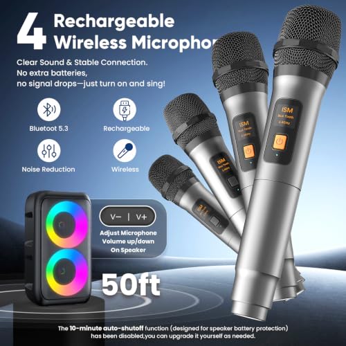 Image of Karaoke Machine for Adults Kids, Bluetooth Speaker 4 Wireless Microphones