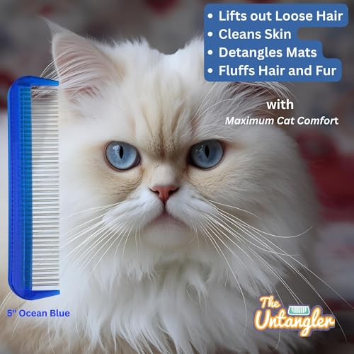 Image of Cat Comb with Silky Smooth Rotating Teeth - Clears Mats Gently (5 inch Ultra Fine, 7 inch Dual-Spaced) (Blue, 5 inch Ultra Fine)