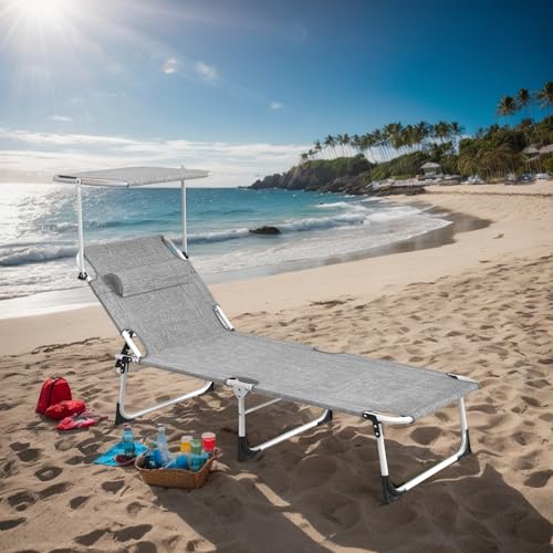 Alpstorm Tumbona Plegable con Techo - Hamaca Playa & jardín, Respaldo Ajustable, Almohada, Resistente a la Intemperie para balcón, terraza, Piscina, 194x67.5x29cm, Gris Lino