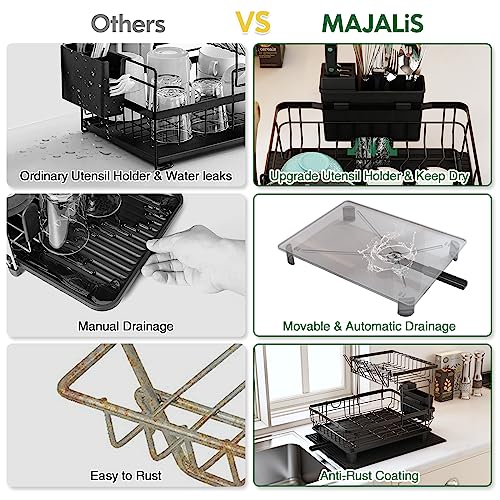 MAJALiS Dish Drainer Rack, 2 Tier Dish Drainer with Drip Tray and Drainer Mat, Stainless Steel Dish Rack with Utensil Holder, Swivel Spout, Draining Board for Kitchen Counter, Black - Image 4