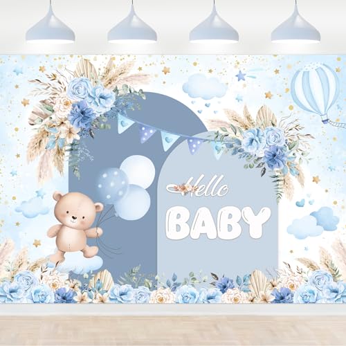 Mocsicka Boho Baby Shower Backdrop Blue Boho Floral Baby Shower Backdrop for Boy Boho Themed Baby Shower Party Decorations Photo Booth Props (Blue, 7x5ft)
