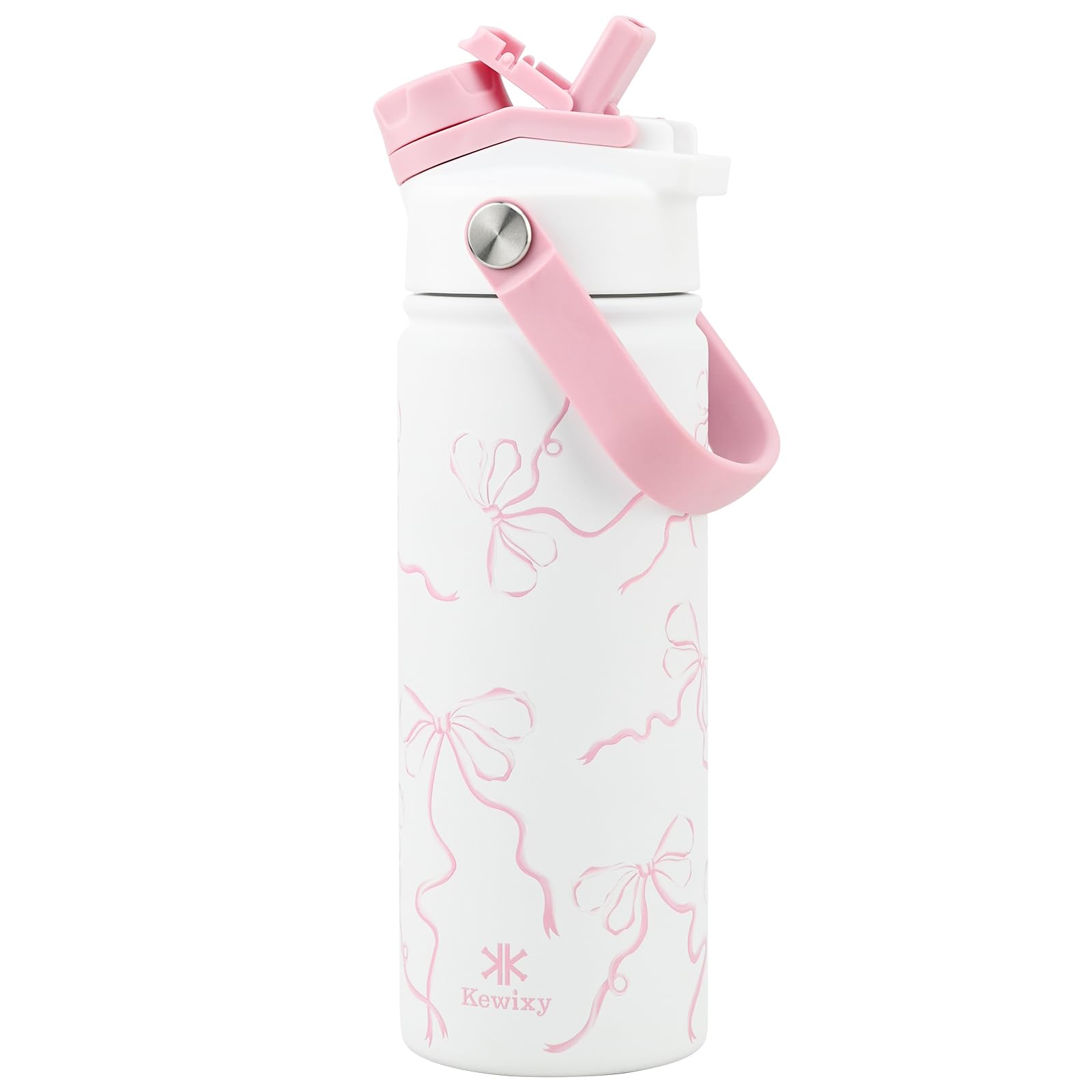 KEWIXY Pink Bow Water Bottle 500 ml/18 oz, 2-in-1 Lid, Stainless Steel Water Bottle with Straw for Women Girls, Ideal Birthday and Back to School Gift (Breeze Pink Bow)