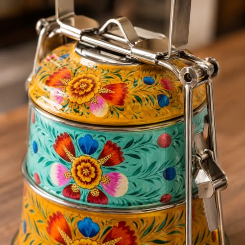 Image of iHandikart Handpainted Decorative Lunch Box Tiffin | Multiple Tier Stainless Steel Food Box | Designer Indian Print Tiffin for School | Diwali Gift, Navratri Gift (Color - Multicolor)