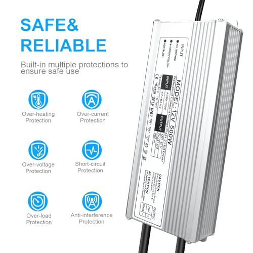 Image of LightingWill LED Driver 500 Watts Waterproof IP67 Power Supply Transformer, 90-140V AC to 12V DC Low Voltage Output, Adapter with 3-Prong Plug 3.3 Feet Cable for Outdoor Use, Computer Project