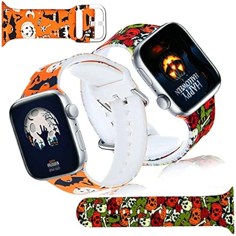 Halloween Watch Band Compatible For Apple Watch, 2 Pack Pattern Print 41mm 38mm 40mm , Waterproof Soft Silicone Replacement Sport Strap Wristband For IWatch Series 7 6 5 4 3 2 5 SE Pumpkin Bat Wizard Cover