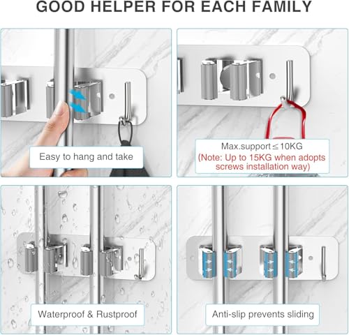Image of Enclave Stainless Steel Mop and Broom Holder Wall Mounted Adhesive Storage Solutions for Broom mop etc, Garage Storage Systems Broom Organizer. (2 RACK 1 HOOK /SILVER, PACK OF 1)
