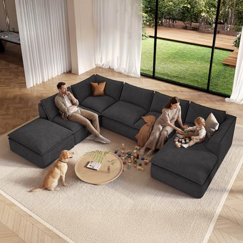 Image of Vesgantti 141.7 inch Oversized Boneless Sectional Couch, Modern 7 Seater Modular Sofa with Chaise & Ottoman, Deep Seat Convertible Corduroy Cloud Couches for Living Room, No Assembly Required, Black