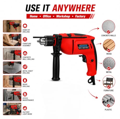 Image of Delivery Pax 780W Impact Drill Machine for Home Use | Electric Hammer Drill | Variable Speed, Forward Reverse | 13mm Chuck | 2.5mm-6mm Drill Bits Set with Masonry & Screwdriver Bit | Wall Wood Metal