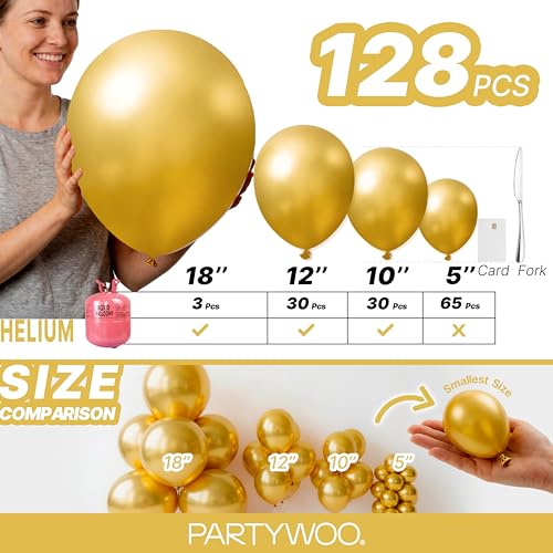 Image of PartyWoo Gold Balloons 128pcs Different Sizes of 18 12 10 5 Inch Gold Balloon Arch Kit Garland for Birthday Wedding Anniversary Baby Shower Graduation Retirement Casino Party Decorations Gold-G101