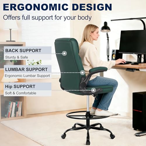 Image of Misolant Drafting Chair, Tall Office Chair for Standing Desk, PU Leather Counter Computer Chairs with Adjustable Height, Rocking Function, 360 Swivel Wheels for Bar Office