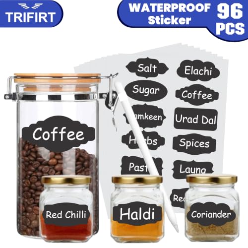 Image of Trifirt 12 Assorted Shapes Waterproof Vinyl Black Labels with White Pencil, 96 Reusable Self-Adhesive Chalkboard Stickers for Mason Jars, Spice Containers, Bottles & Pantry Organizer 8 Sheets