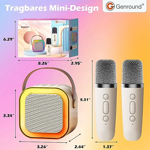 Genround Karaoke Maschine mit 2 Mikrofonen, Bluetooth Lautsprecher mit Gesangsentferner, 3 LED-Lichtmodi, Sprachwechse, Bluetooth Mikrofon für Kinder Erwachsene, Jungen Mädchen Geschenke (Beige)