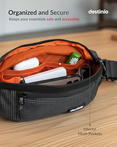 Image of Destinio Waist Bag for Men & Women, Travel Waist Pouch & Fanny Pack with Waterproof Zippers, Back Pocket, Anti-Theft Design, Key Holder, Adjustable Crossbody Strap (Grey Zipper)