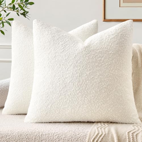 EMEMA Pack of 2, 20 x 20 Inch, Textured Boucle Throw Pillow Covers Cozy Soft Accent Solid Cushion Cases Decorative White Pillowcases for Couch Sofa Chair Bedroom Living Room Home Decor