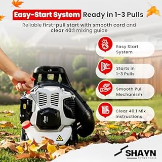 SHAYN 52cc Petrol Leaf Blower Backpack - Easy Start 170MPH- Powerful Leaf Blower Petrol, 890CFM, Anti-Vibration, Padded Harness, 2-Stroke Garden Blower for Wet Leaves, Paths, Lawns, 3-Years Warranty