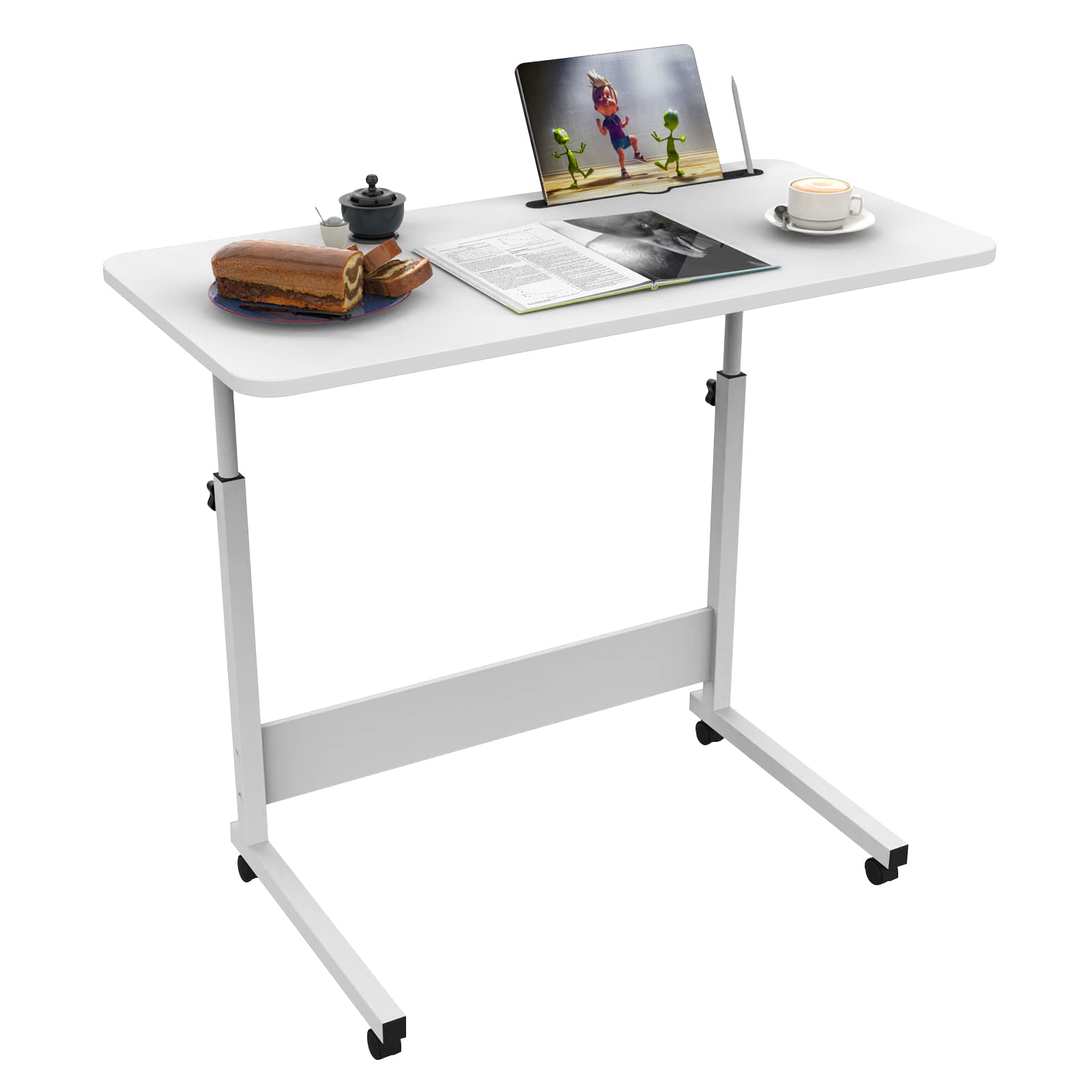 Lvechforhm Mesa Escritorio Auxiliar Cama 80x40cm, Mesa Ordenador Pequeña Regulable Altura, Mesa Escritorio Auxiliar con Ruedas, Blanco Móvil Mesa de Ordenador con Ranura para Tarjetas para Oficina