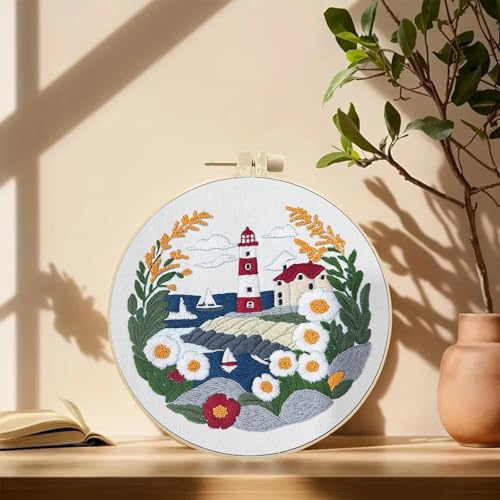 Image of Huacan 1pc Embroidery Kit, Needle Craft Handmade DIY Art Suitable for Adult Beginners, with Stamped Pattern, Instruction Manual, Embroidery Hoop, Colorful Threads and Needles