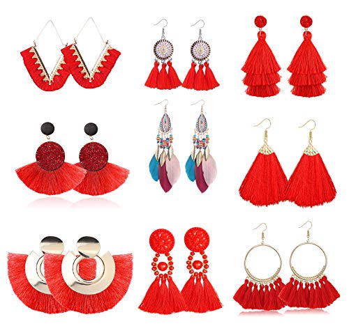 ORAZIO 9 Pairs Dangle Tassel Earrings Layered Long Thread Feather Bohemian Drop Earrings Fringe Hoop Earrings Set Fashion Jewelry for Women