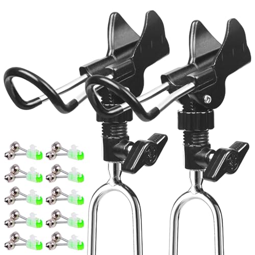 Aluminum Bank Fishing Rod Holder 2 Pack with 10 Fishing Bells - Heavy Duty Ground Spike Fish Pole Stand Rack for Shore, Surf, Beach Fishing - Great for Men