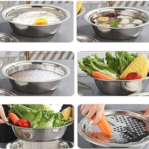 Image of 3IN1 Stainless Steel Basin Set with Colander Grater Lid 3-Piece Multi-Function Mixing Bowl for Washing, Stainless Steel Basin Set 26 CM (Pack of 1)