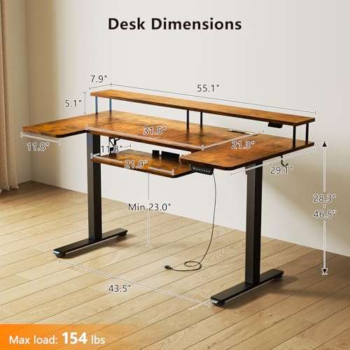 Image of OffiGo U Shaped Electric Standing Desk with Keyboard Tray, 55 Inch Height Adjustable Desk with Power Outlets & LED Lights, Sit Stand Table with Monitor Stand for Home, Office, Rustic Brown