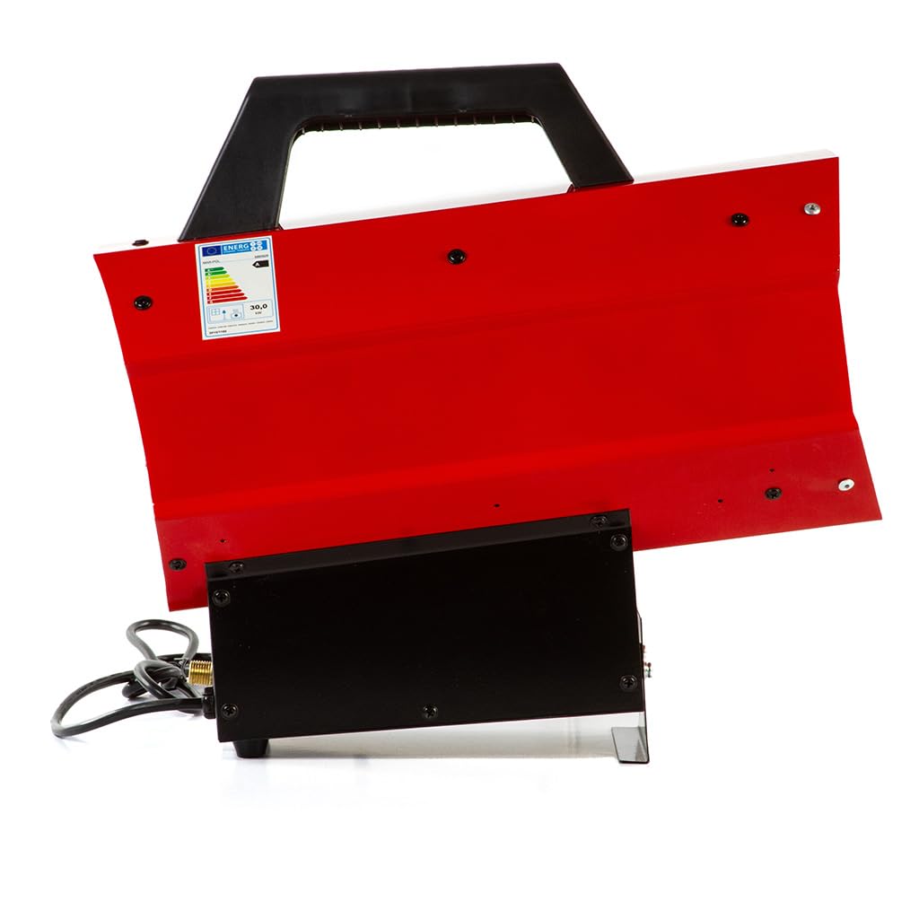 Riscaldatore gas 30kW con tubo 1,5 m e riduttore, struttura metallica resistente, accensione rapida, aria calda pulita, ideale per cantieri, magazzini e spazi ben ventilati