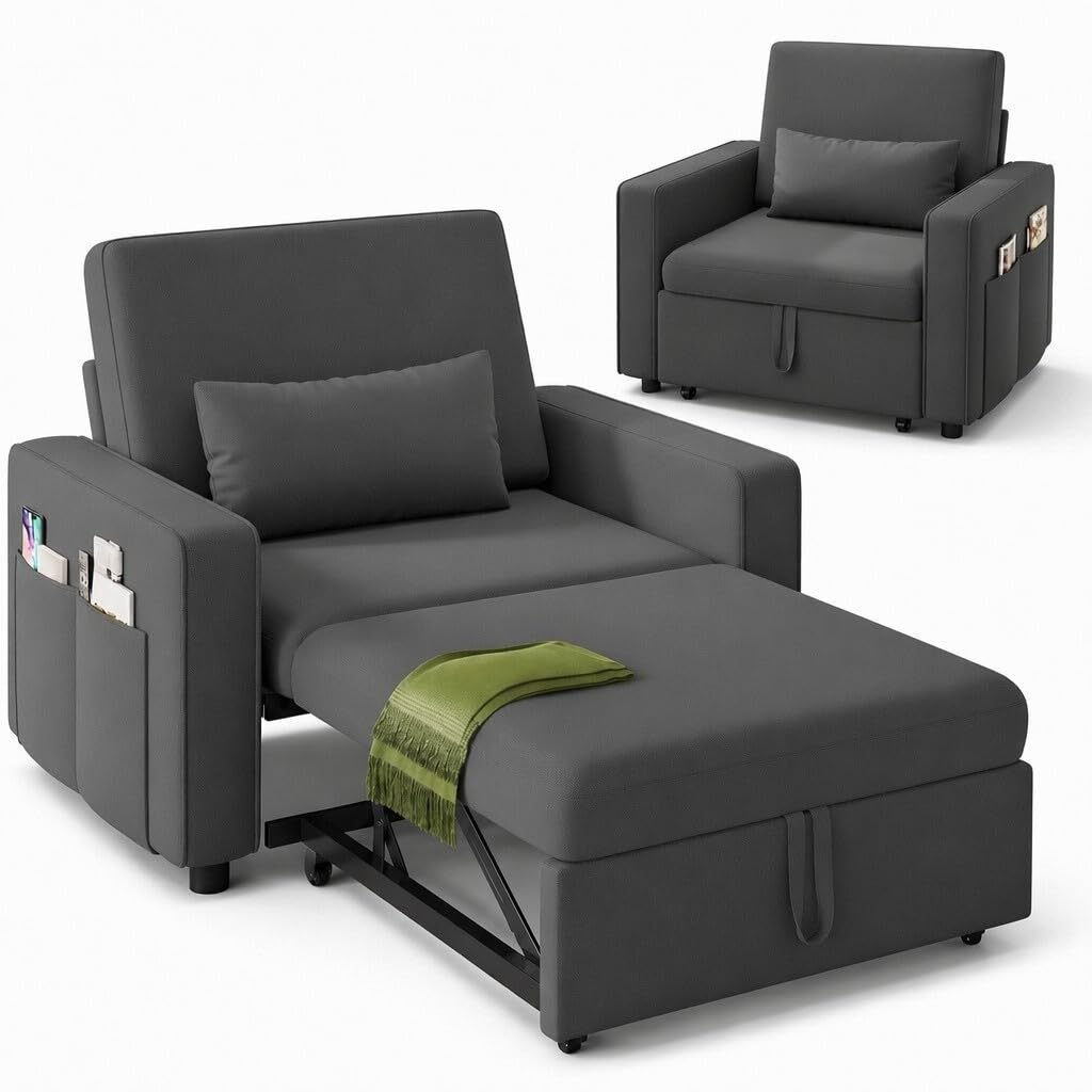 YITAHOME Schlafsofa 3-in-1, 192cm, 5-Stufig, Schlafsessel, Dunkelgrau | Mit Bettfunktion, Schlafcouch, 88cm, 160kg, Stahlrahmen, Leinen, Kissen & Tasche, Rollen, für Wohnzimmer & Gästezimmer