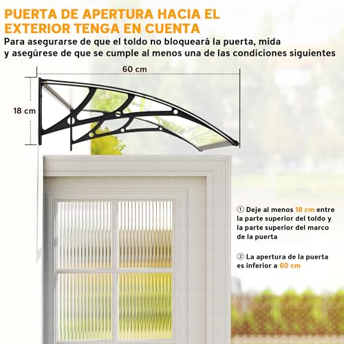 Miniatura 6 de Outsunny Marquesinas Exterior Para Puertas Y Ventanas, 110x60 Cm, Tejadillo De Protección Contra Sol Y Lluvia, Con Cubierta De Policarbonato, Soportes De Pp Y Regleta De Aluminio, Negro Y Transparente
