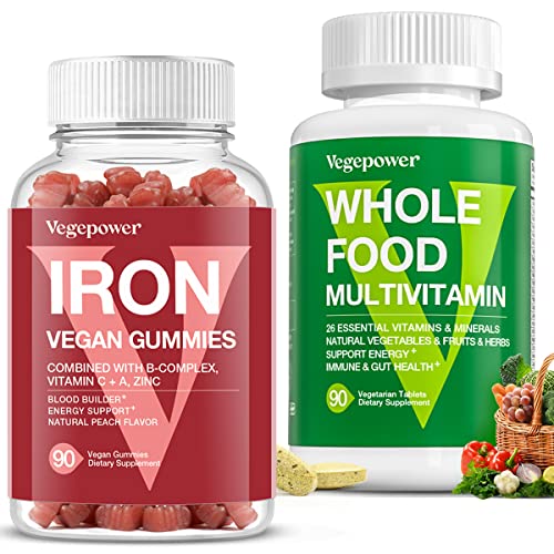 VEGEPOWER Whole Food Multivitamin + Iron Gummies | Whole Food Supplement for Energy, Gut, Immune Health | Blood Builder & Energy Support for Iron Deficiency, Anemia, 90 Ct