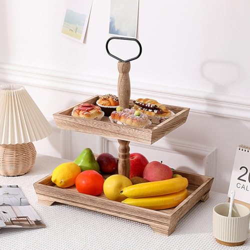 Présentoir à desserts à double couche en bois brûlé pour buffet chic - 8
