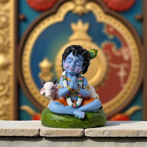 Baby Krishna Idol Bal Gopal Statue with Cow Figurine Gift Item for Janmashtami & Pooja,Home Decor,Table Decor (Small Size,Polystone, Pack of 1) (Blue)