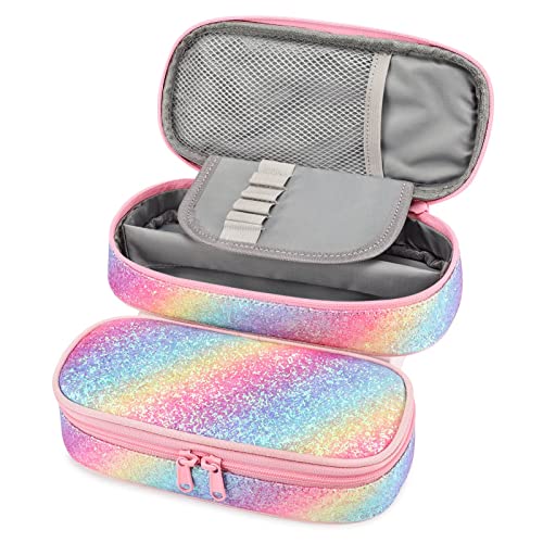 Image of mibasies Girls Pencil Case for Kids, Multi-Slot Pencil Pouch, Twill Pink Blue