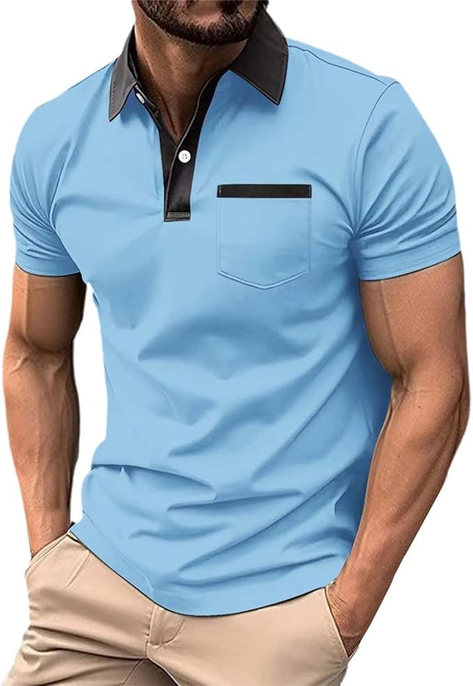 Men's Lapel Fashion Slim Short Sleeve Collared Shirts Casual Lightweight Stretch Golf T Shirt Button Up Tee Tops - Main Image