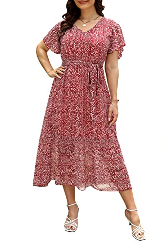 Image of Nemidor Plus Size Women Casual Maxi Dresses Print Bobo Belted Layered Chiffon Summer Long Dress with Ruffle Sleeve