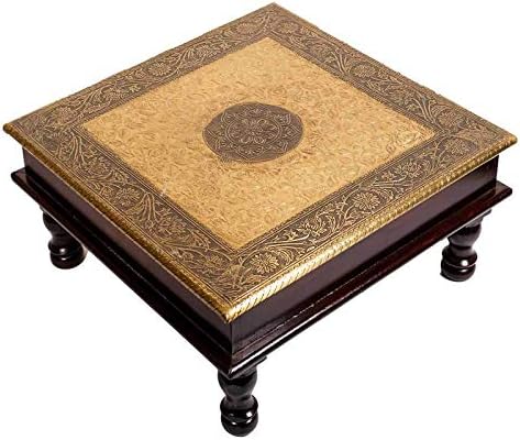 Virushka Mansi Enterprises Square Shape Wood Chowki | Brass Work Pooja Bajot Stool | Home Decor Sitting Table (Goldcolor_18 X 18 X 6 Inches)