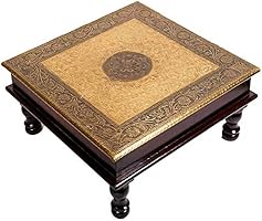 Mansi Enterprises Square Shape Wood Chowki | Brass Work Pooja Bajot Stool | Home Decor Sitting Table (Goldcolor_12 x 12...