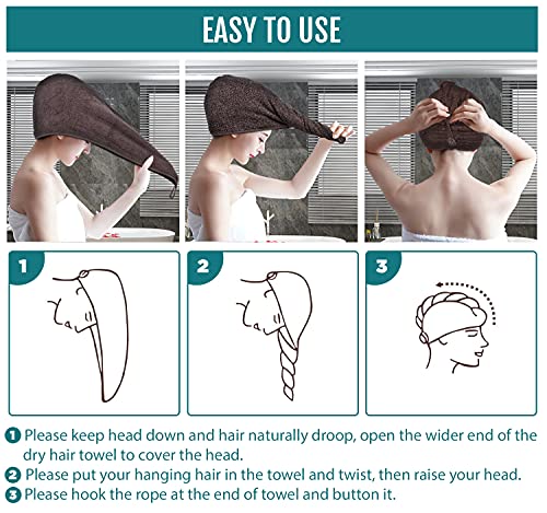 BAVIN LUXURY Hair Towel Wrap 100% Cotton, Instant Drying Lightweight Turban Cap Super Quick Absorbent Anti-Frizz Twist Toweling Dry Hat with Button Loop for Long Curly Hairs, 62CM x 23CM Teal Single - Image 6