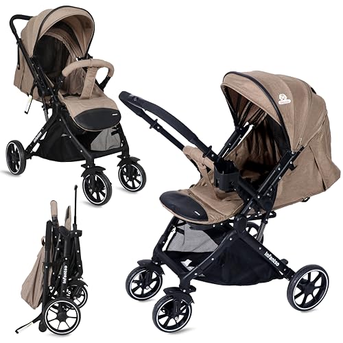 Image of Infantso GlideX Premium Baby Stroller / Pram, Reversible Handle, One-Hand Fold and 360 Rotating Wheels,, Travel Friendly, 5 Points Safety Harness, Extendable Canopy, Multilevel Recline, Adjustable Footrest, Easy Fold, Shock Absorption Wheels, for babies 0 to 3 years ( Khaki )
