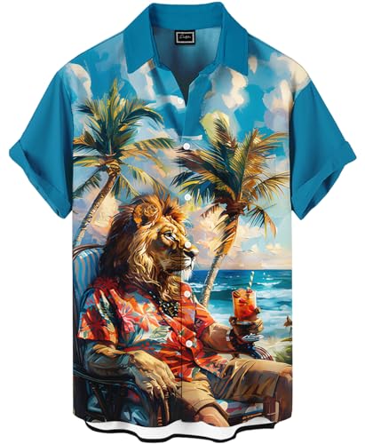 DADDYLOCO Men's Hawaiian Beach Lion Print Button Down Shirt, Short Sleeve Tropical Design, Teal