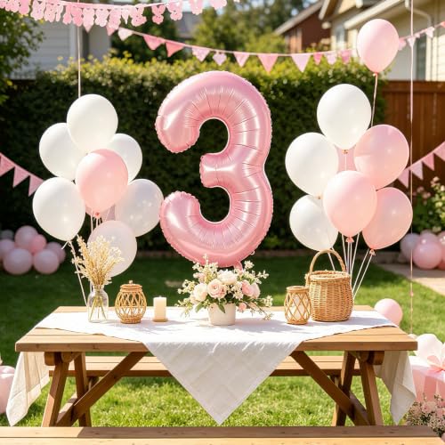 Image of TONIFUL 40 Inch Pastel Pink Number Balloon Balloon Big Pink Digital Balloon for Girl's Birthday Party Wedding Bridal Shower Engagement Anniversary Photo Shoot Supplies(Number 3)